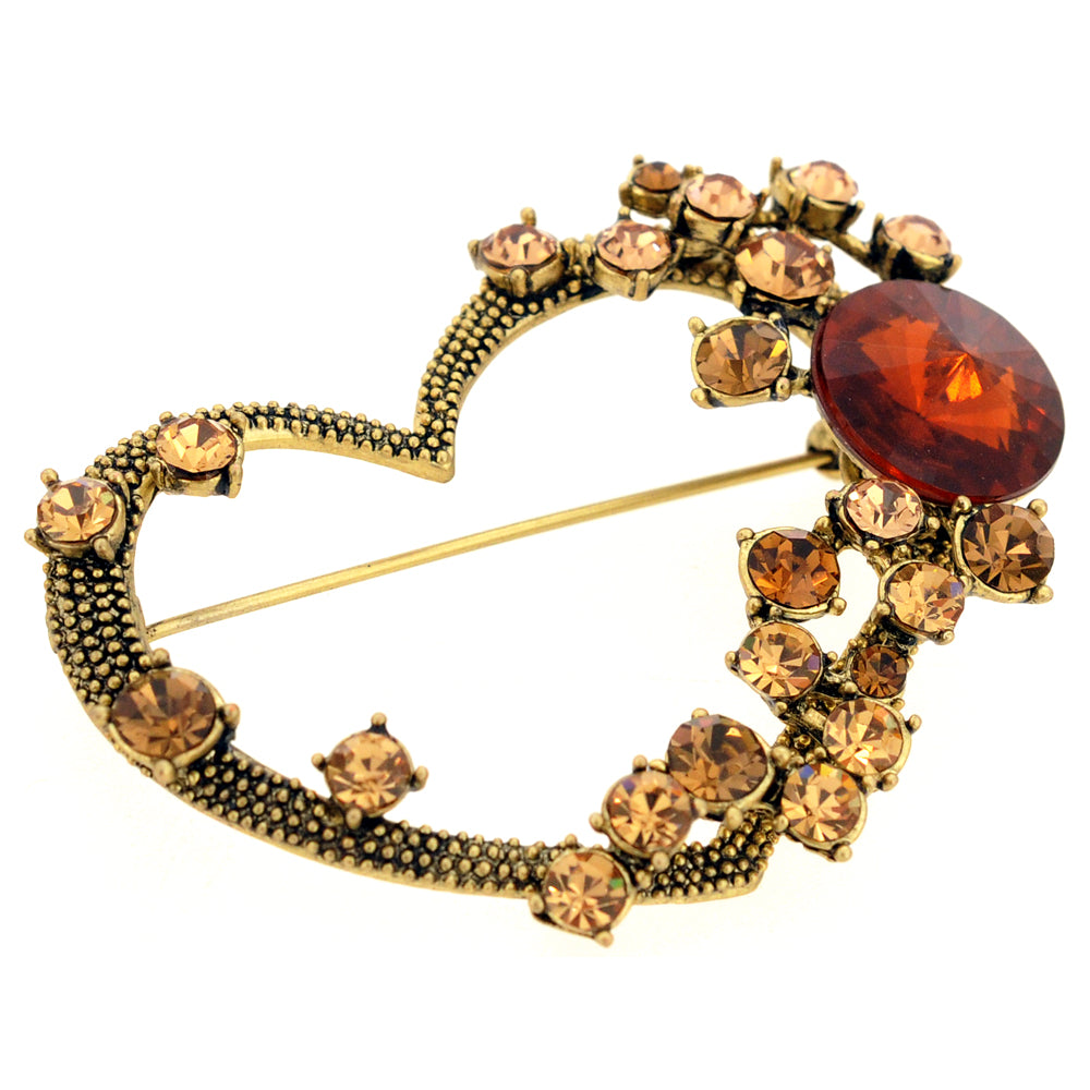 Vintage Style Golden Crystal Heart Pin Brooch