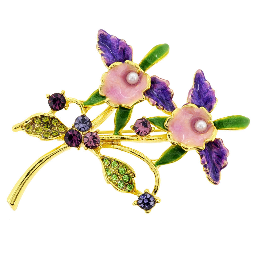 Purple Orchid Crystal Flower Pin Brooch