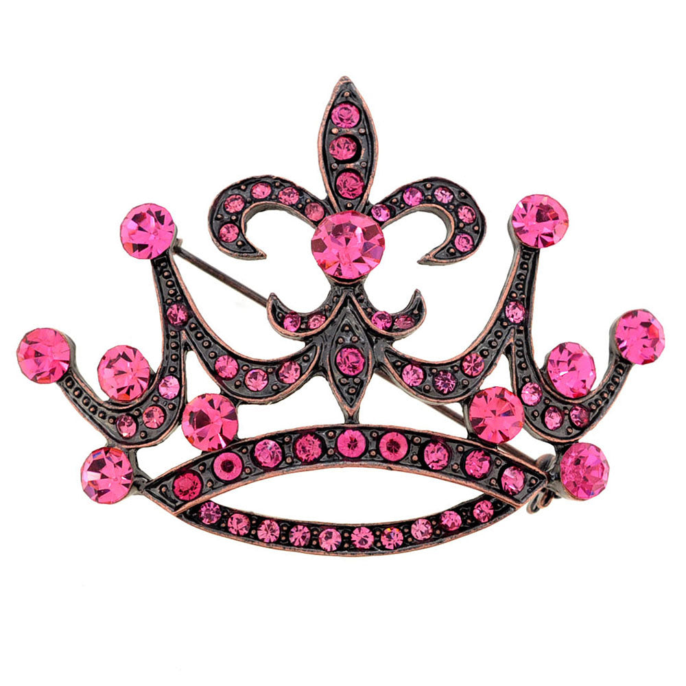 Vintage Style Pink Fleur-De-Lis Crown Crystal Pin Brooch