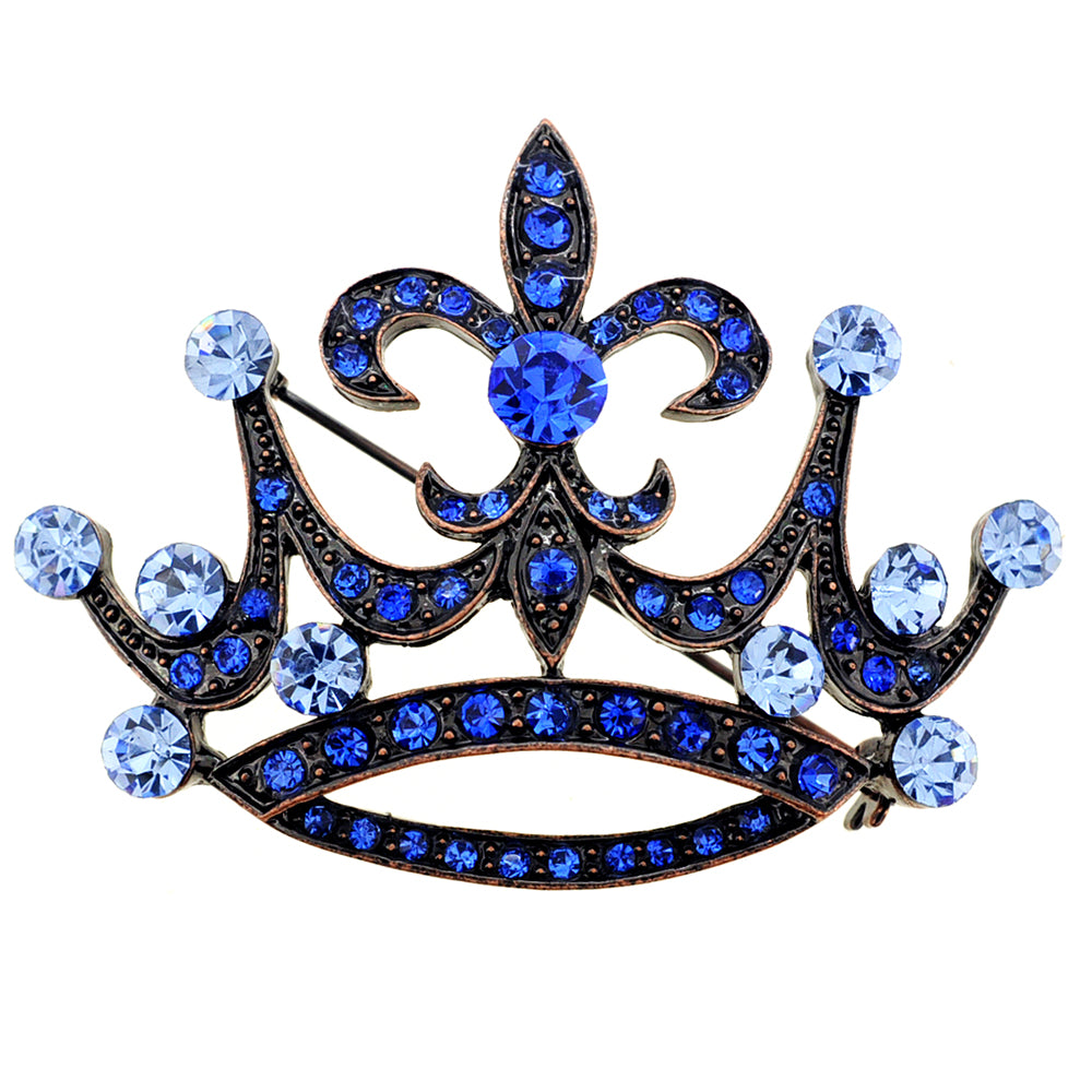 Vintage Style Blue Fleur-De-Lis Crown Crystal Brooch Pin
