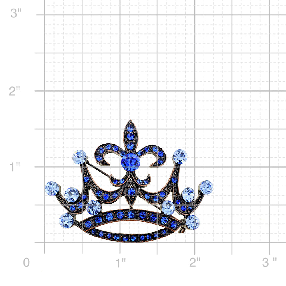Vintage Style Blue Fleur-De-Lis Crown Crystal Brooch Pin
