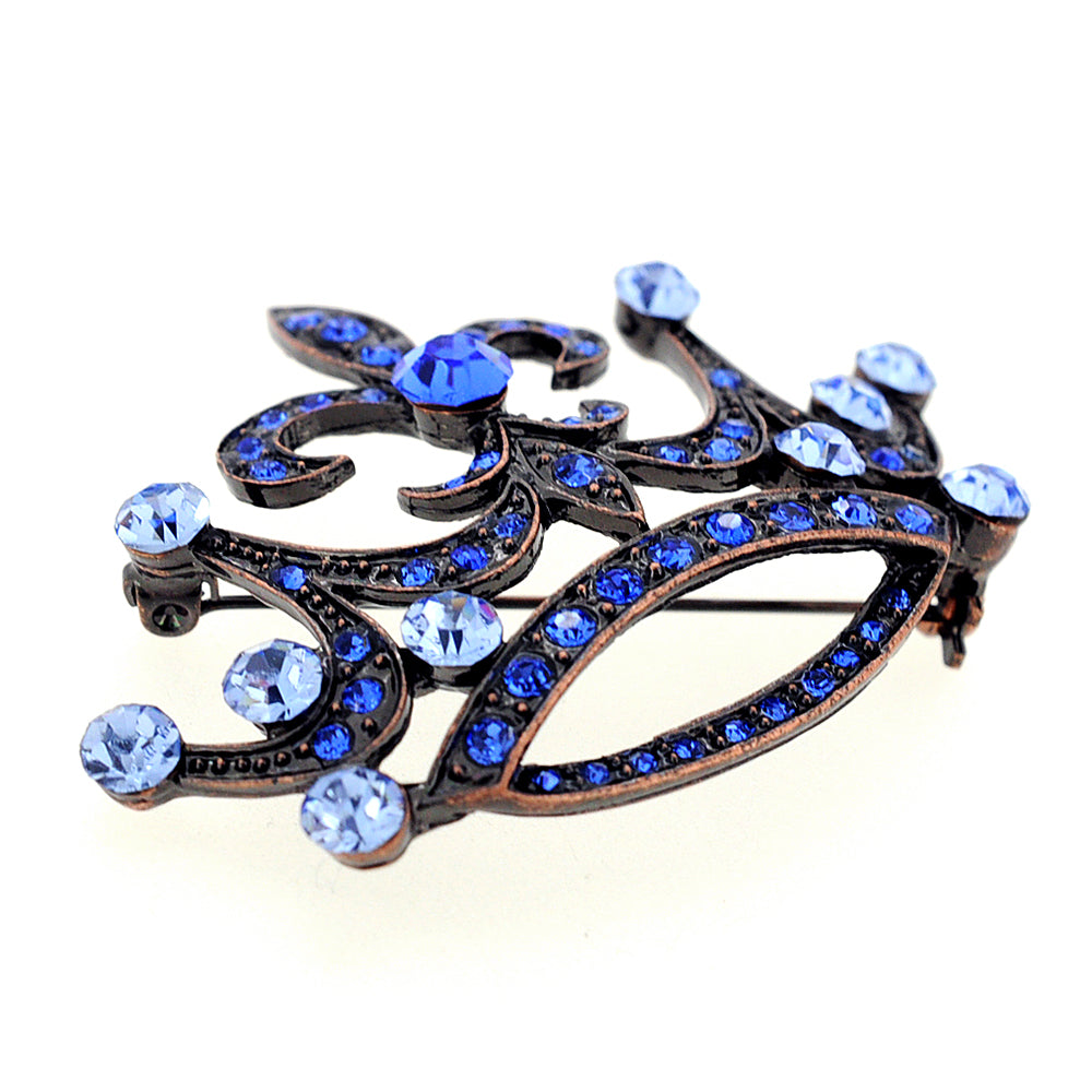 Vintage Style Blue Fleur-De-Lis Crown Crystal Brooch Pin