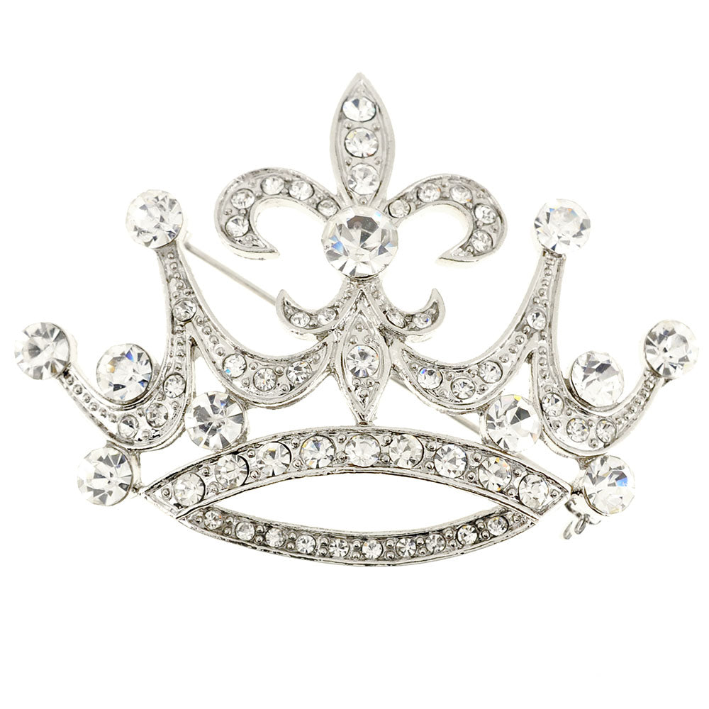 Vintage Style Silver Fleur-De-Lis Crown Crystal Pin Brooch