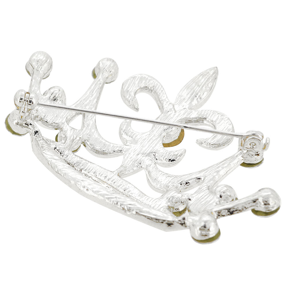 Vintage Style Silver Fleur-De-Lis Crown Crystal Pin Brooch