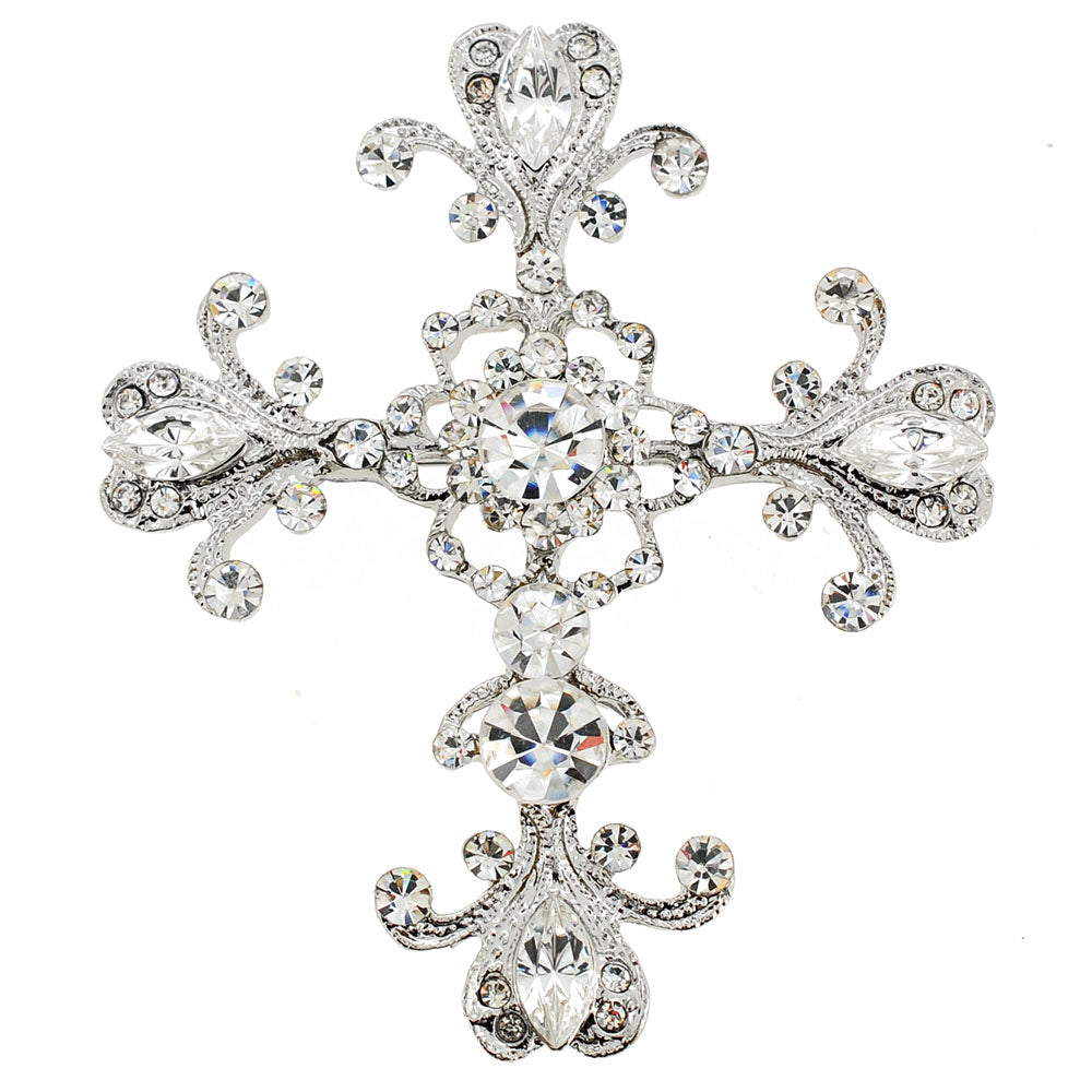 Silver Crystal Cross Pin Brooch And Pendant