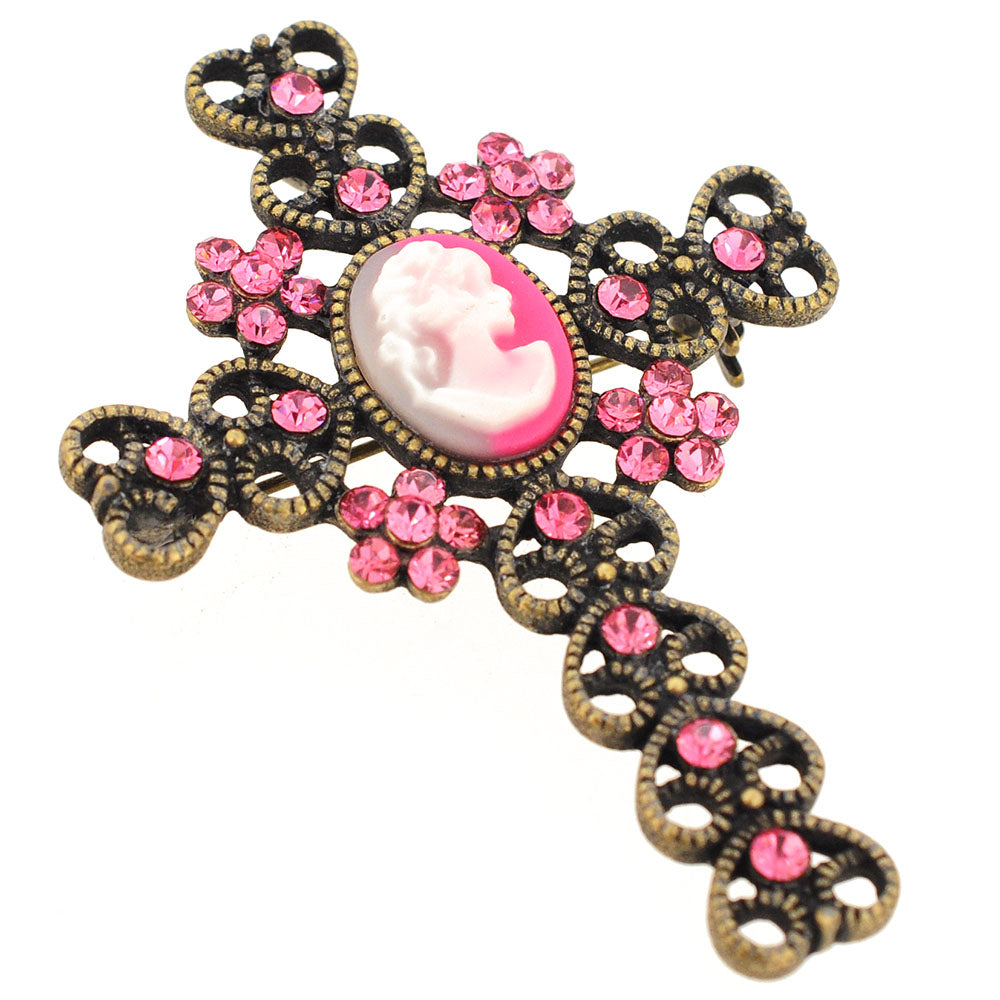 Vintage Style Pink Cameo Cross Crystal Brooch Pendant