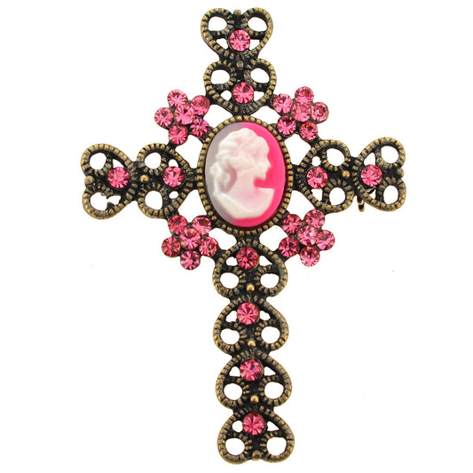 Vintage Style Pink Cameo Cross Crystal Brooch Pendant