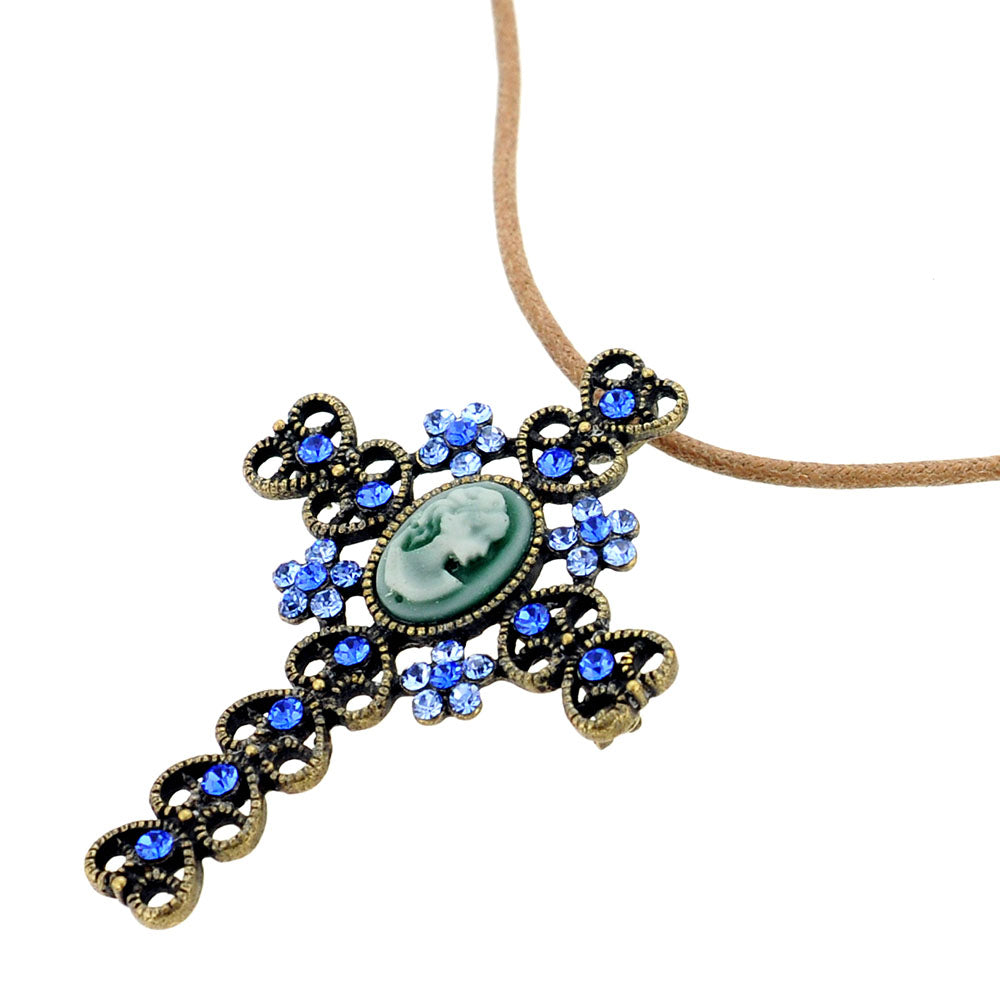 Vintage Style Sapphire Blue Cameo Cross Crystal Brooch/Pendant
