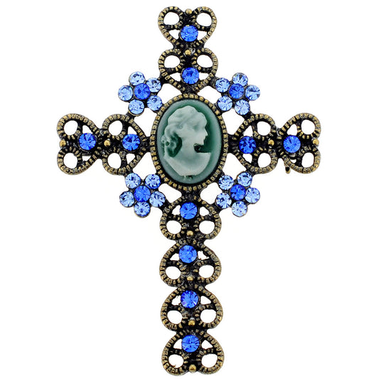 Vintage Style Sapphire Blue Cameo Cross Crystal Brooch/Pendant