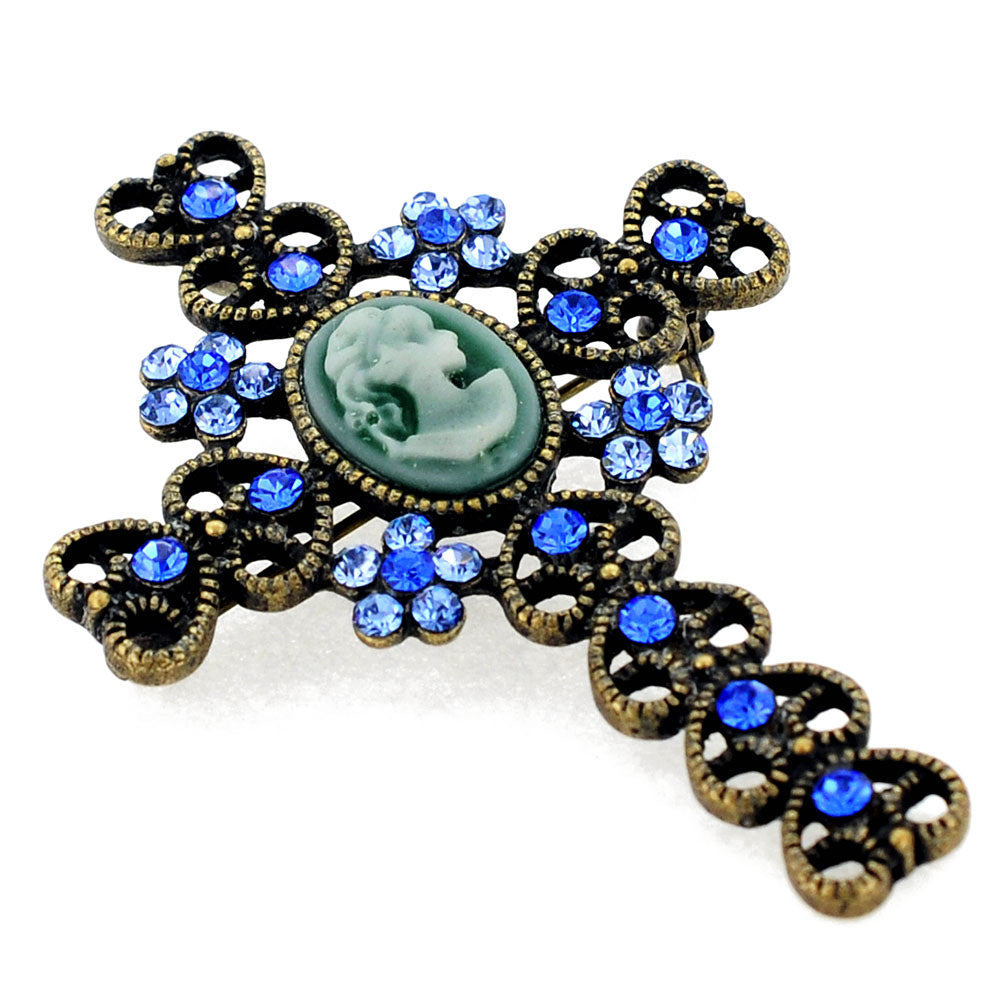 Vintage Style Sapphire Blue Cameo Cross Crystal Brooch/Pendant