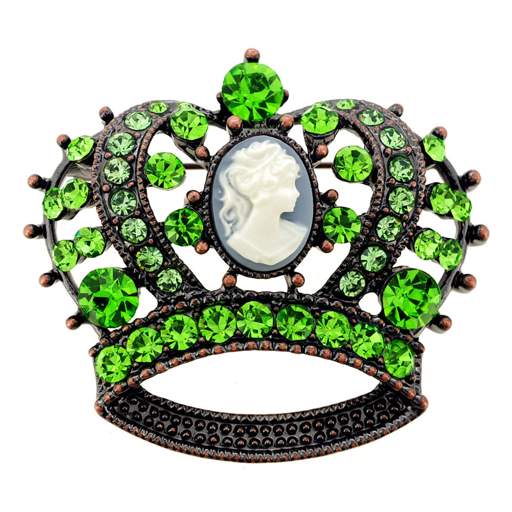 Vintage Style Green Crystal Cameo Crown Pin Brooch
