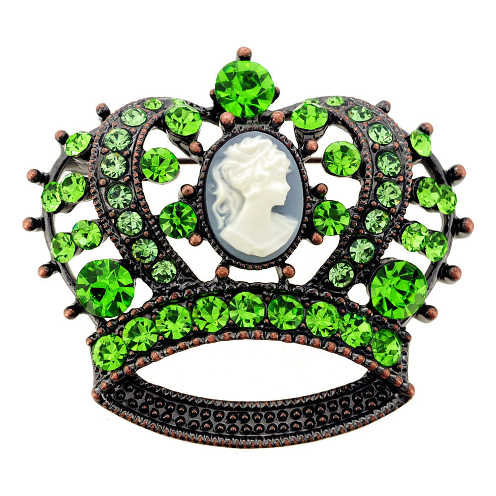 Vintage Style Green Crystal Cameo Crown Pin Brooch
