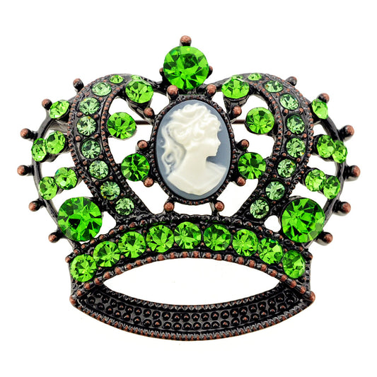Vintage Style Green Crystal Cameo Crown Pin Brooch