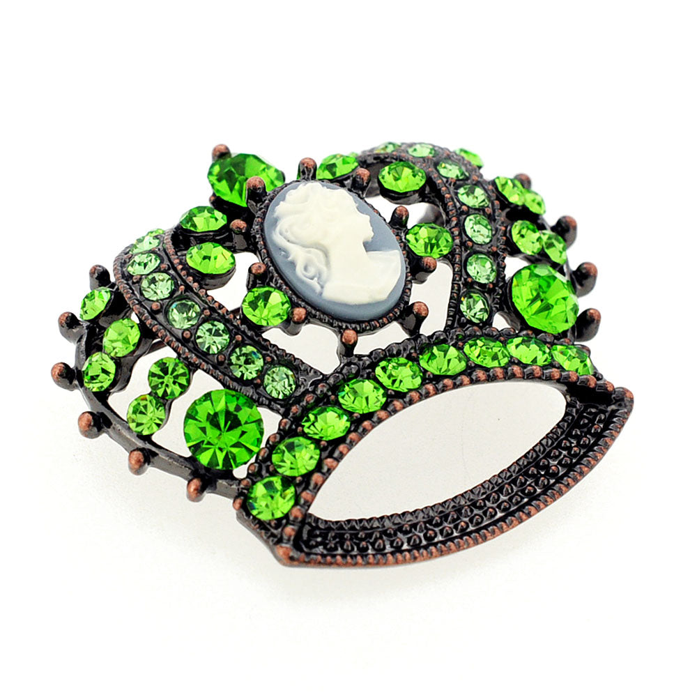 Vintage Style Green Crystal Cameo Crown Pin Brooch
