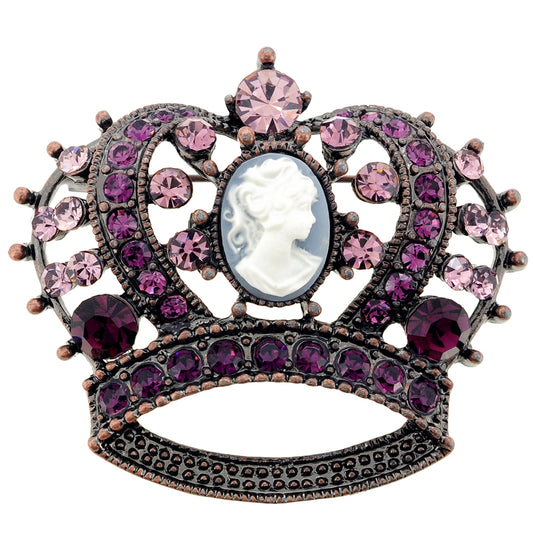 Vintage Style Purple Cameo Crown Amethyst Crystal Pin Brooch