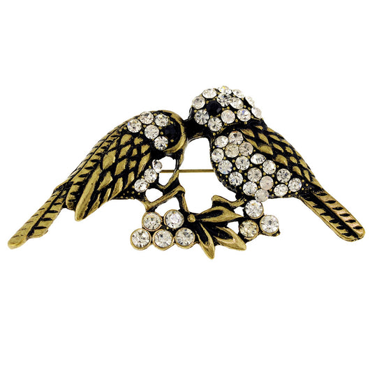 Vintage Style Couple Sparrows Crystal Bird Pin Brooch