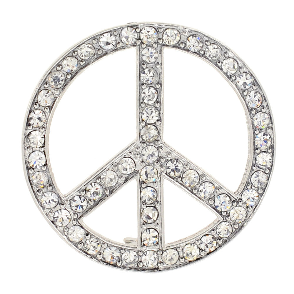 Silver Chrome Peace Sign Crystal Pin Brooch