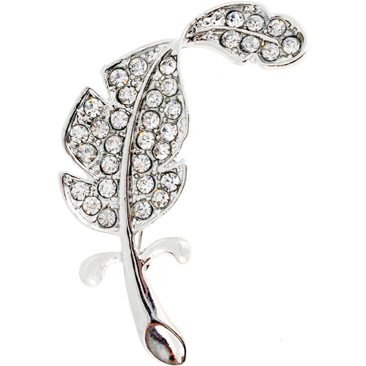 Large Silver Chrome Leaf Crystal Pin Brooch