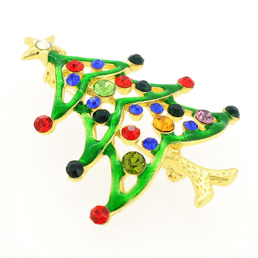 Golden Green Enamel Crystal Christmas Tree Brooch Pin
