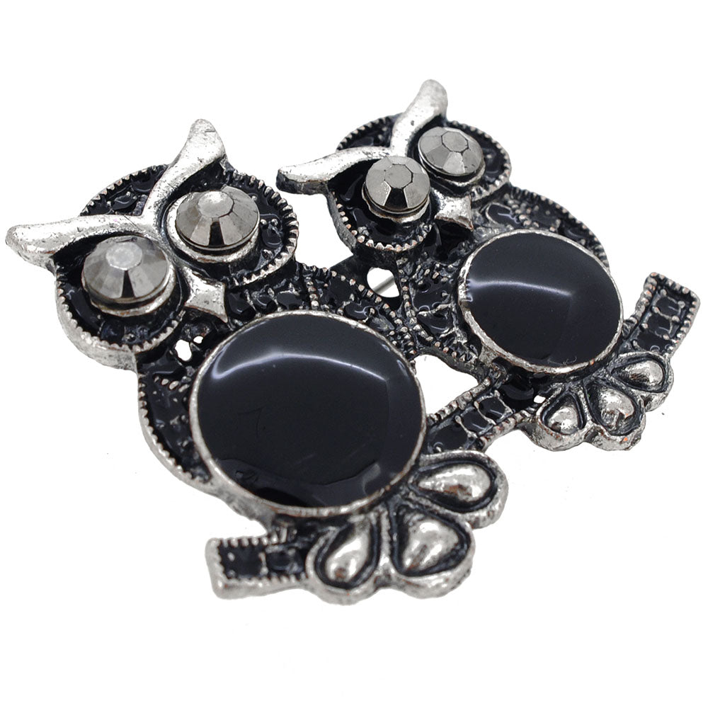 Black Antique Owl Couple Bird Pin Brooch