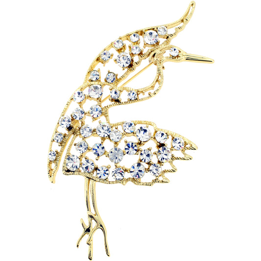 Golden Crane Bird Crystal Pin Brooch
