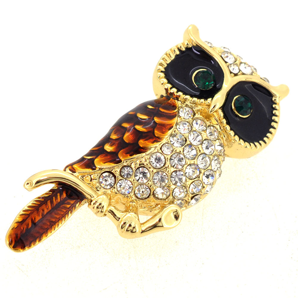 Golden Owl Enamel Bird Pin Brooch