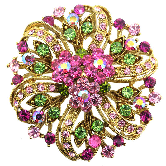 Multicolor Pink Flower Wedding Crystal Pin Brooch and Pendant