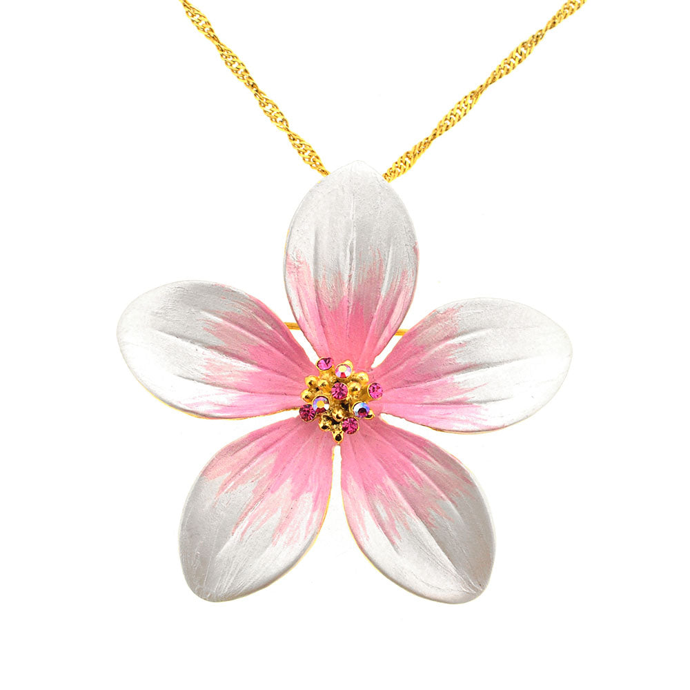 White Hawaiian Plumeria Swarovski Crystal Flower Pin Brooch and Pendant