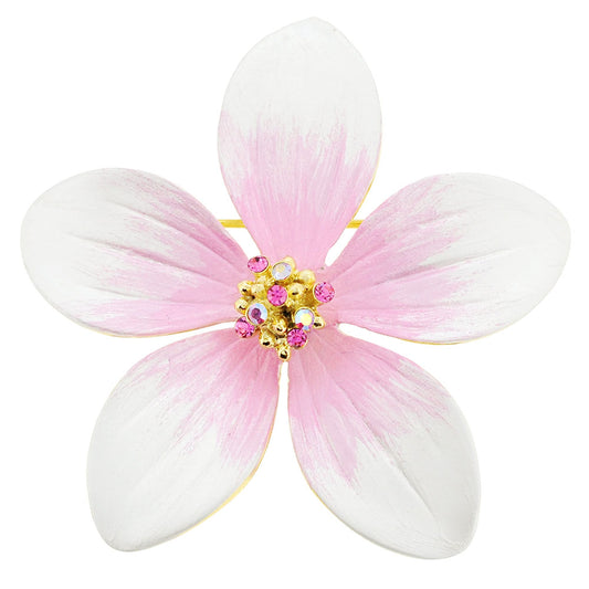 White Hawaiian Plumeria Swarovski Crystal Flower Pin Brooch and Pendant