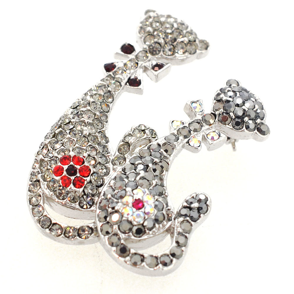 Black Couple Cat Swarovski Crystal Kitty Pin Brooch