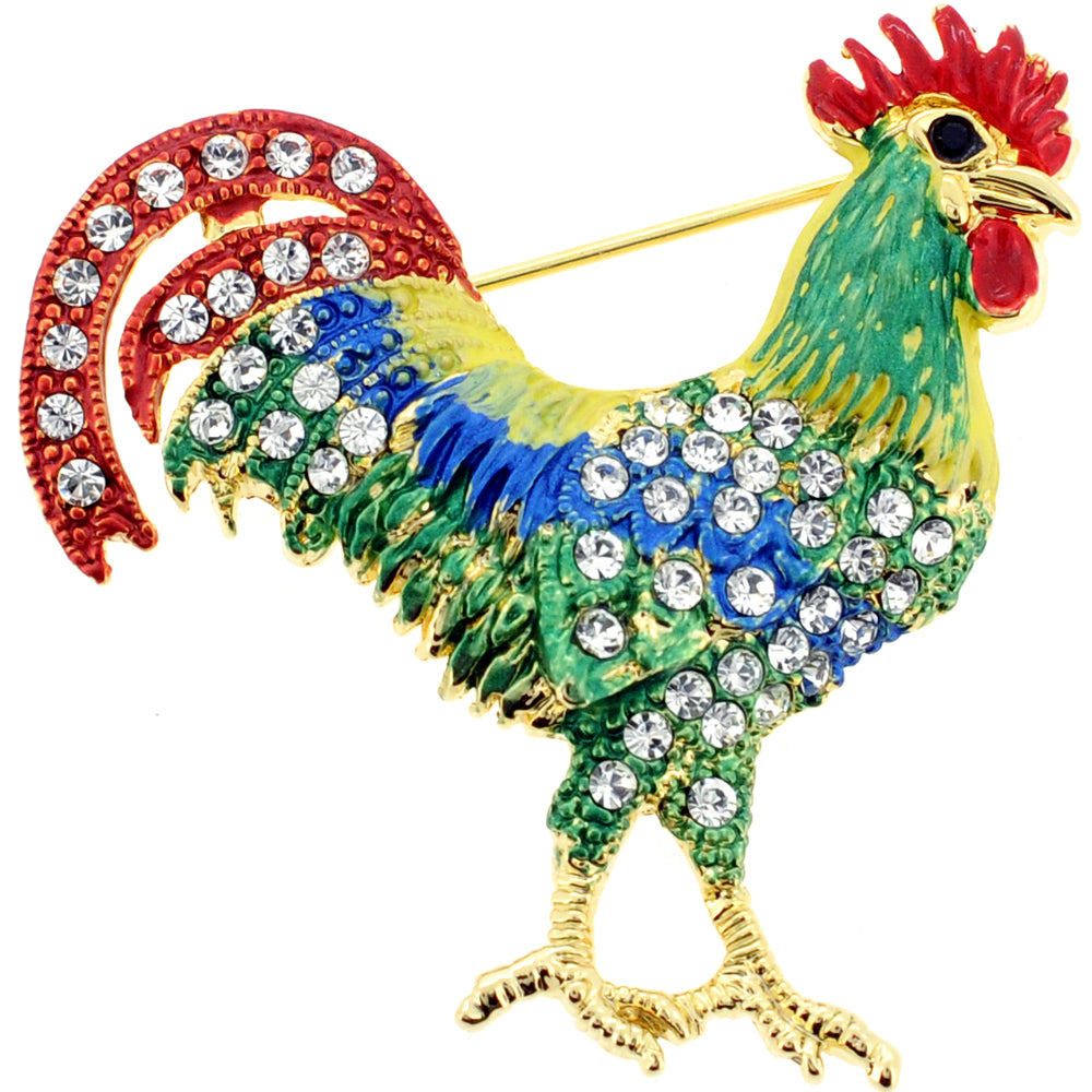 Green And Red Rooster Pin Swarovski Crystal Animal Pin Brooch