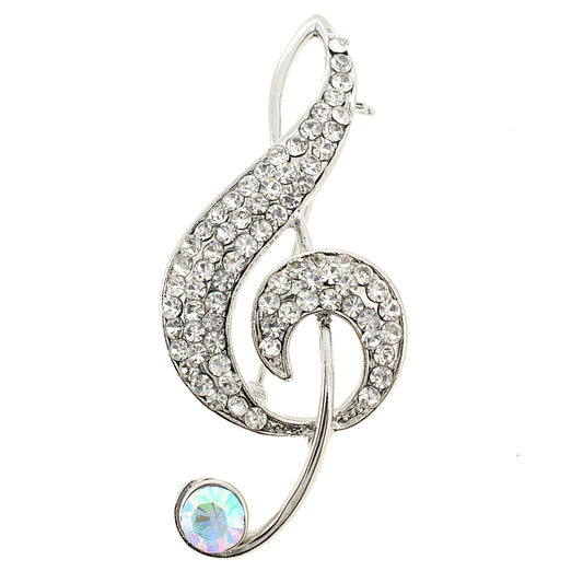 Chrome Music Note Crystal Pin Brooch