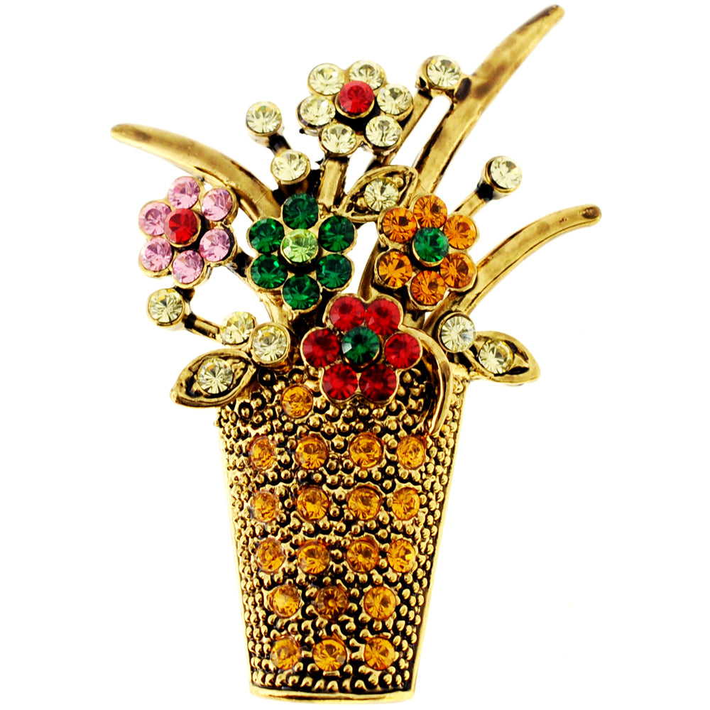 Brown Flower Basket Swarovski Crystal Pin Brooch