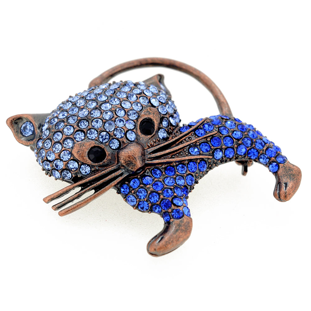 Vintage Style Blue Cat Kitty Sapphire Crystal Pin Brooch