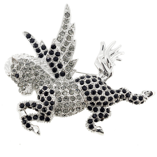 Grey Flying Horse Pegasus Crystal Brooch Pin