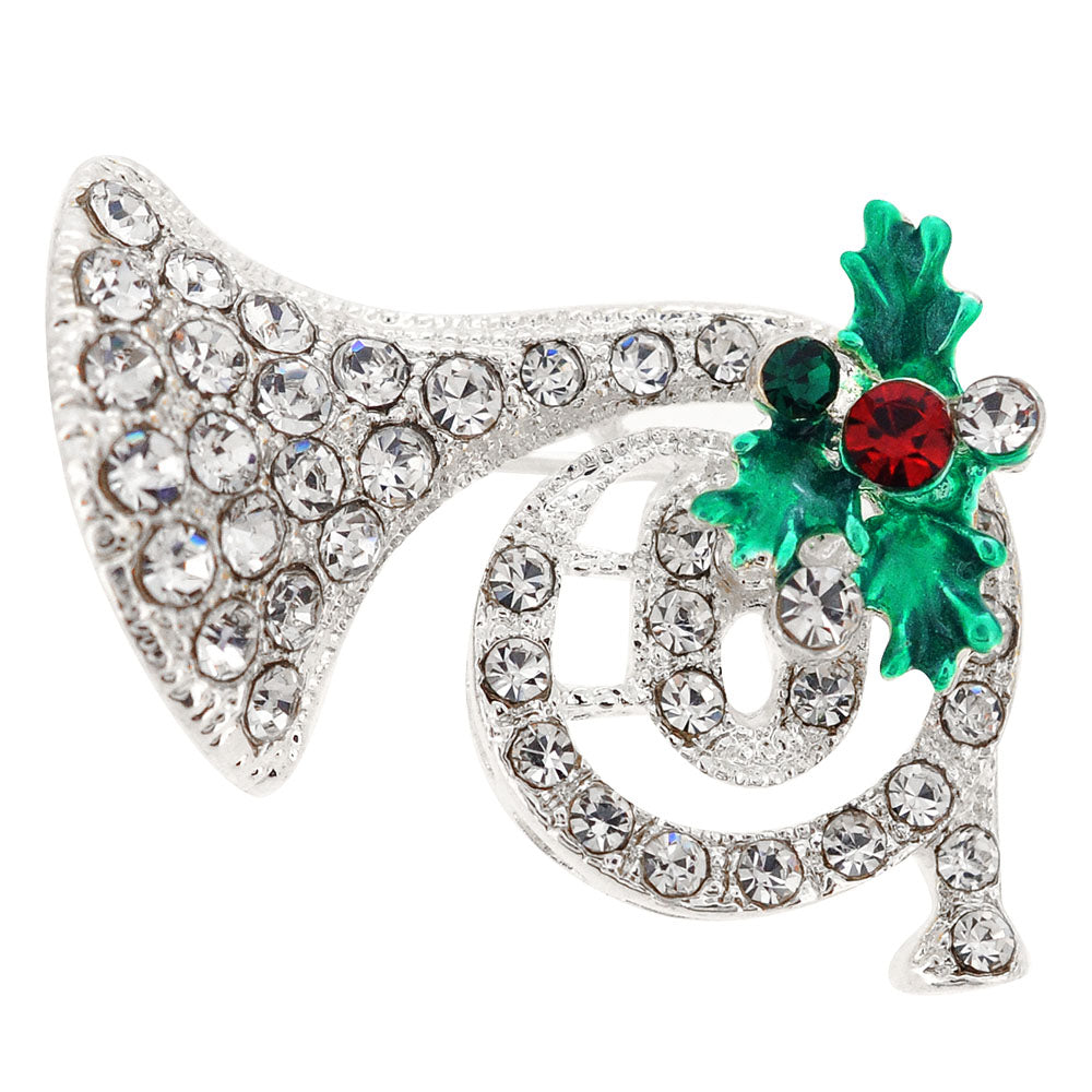 Chrome Christmas Mistletoe Horn Crystal Pin Brooch