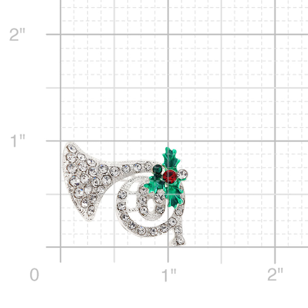 Chrome Christmas Mistletoe Horn Crystal Pin Brooch
