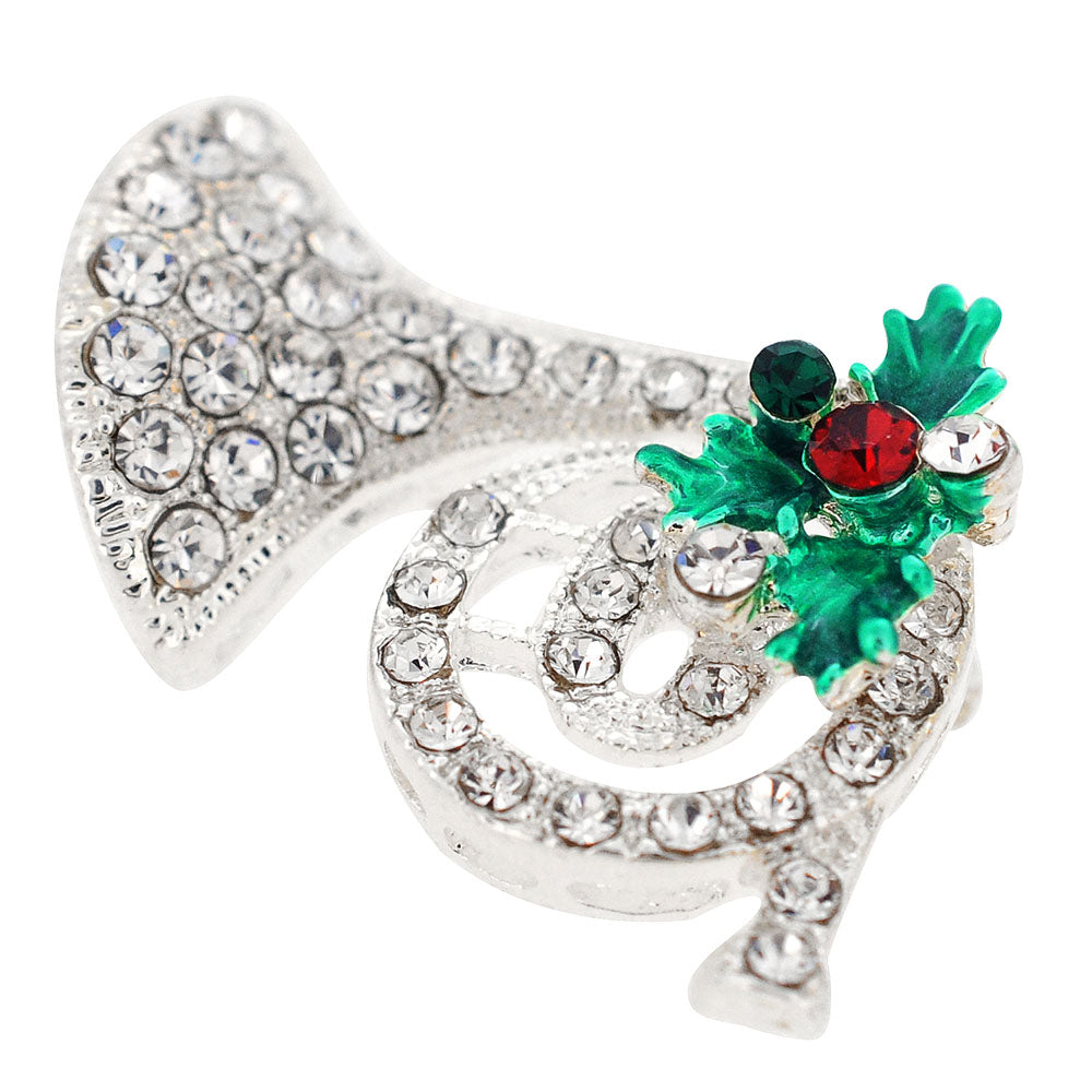 Chrome Christmas Mistletoe Horn Crystal Pin Brooch