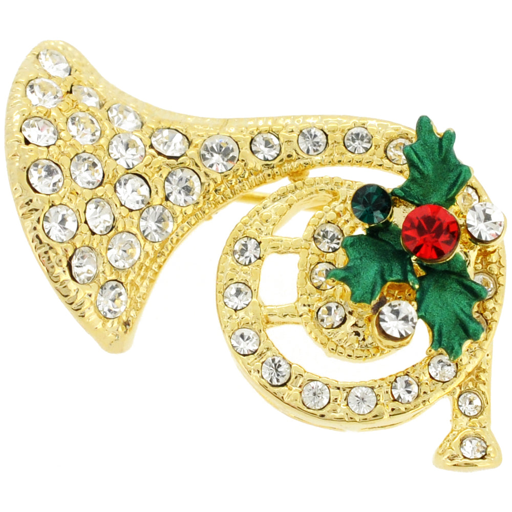 Christmas Horn Mistletoe Swarovski Crystal Pin Brooch