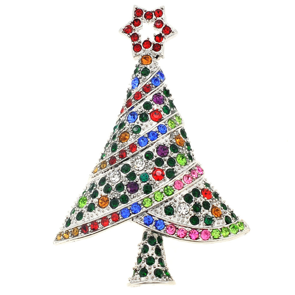 Silver Multicolor Christmas Tree Crystal Pin Brooch