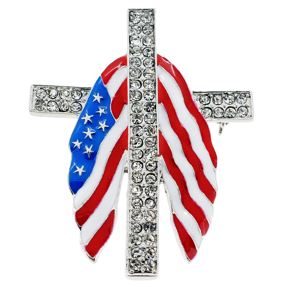 American Flag Patriotic Cross Crystal Pin Brooch