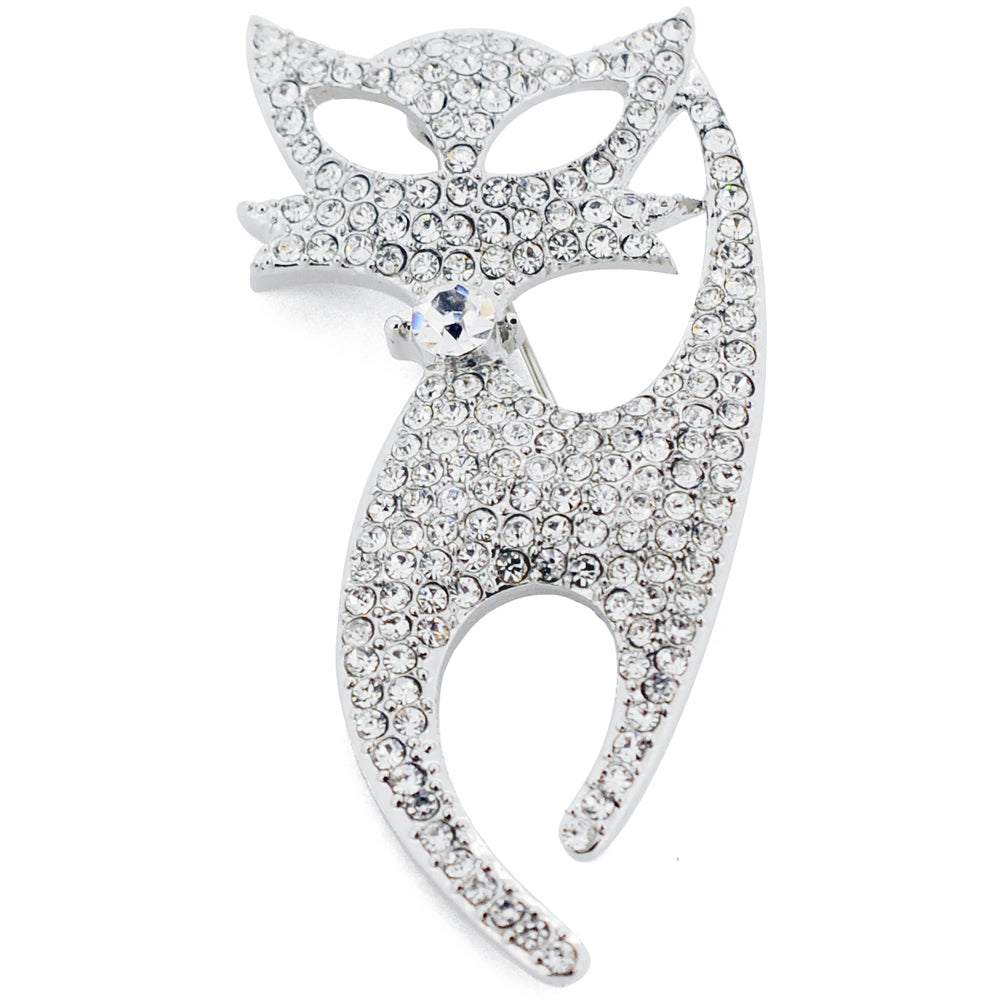 Crystal Silver Cat Pin Brooch