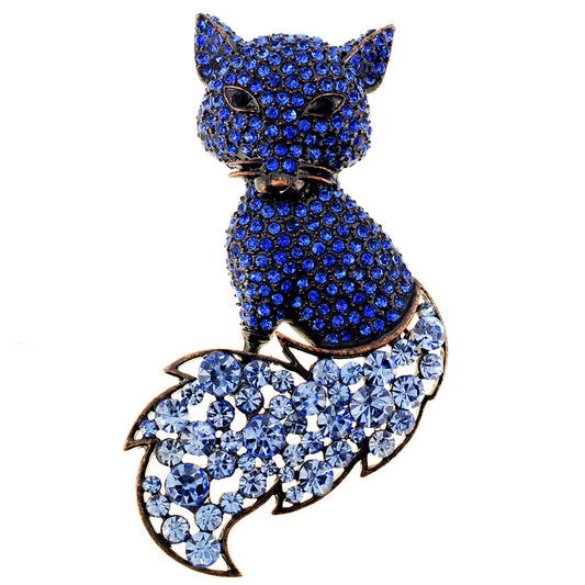 Blue Vintage Style Fox Crystal Pin Brooch