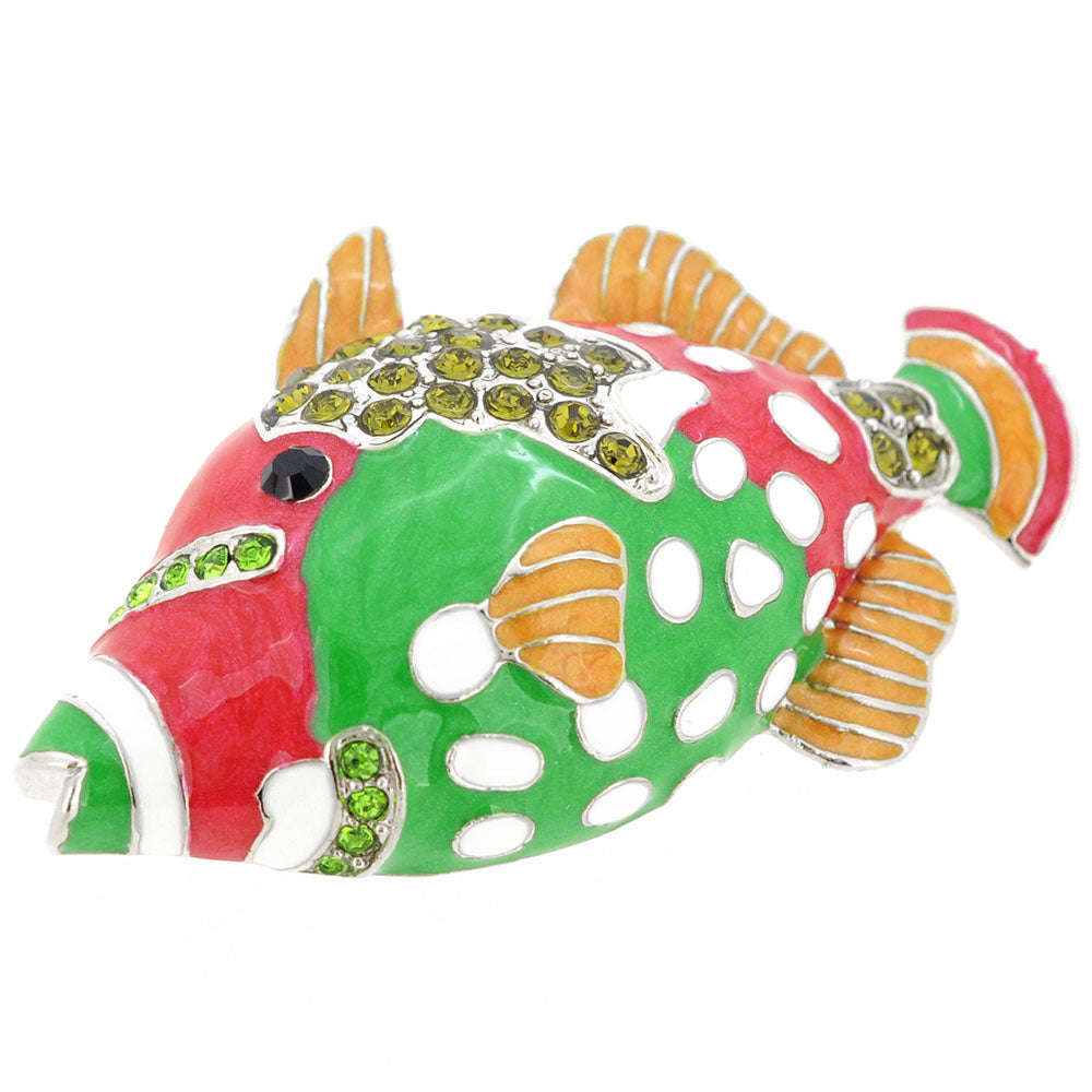 Crystal Red Green Enamel Fish Pin Brooch