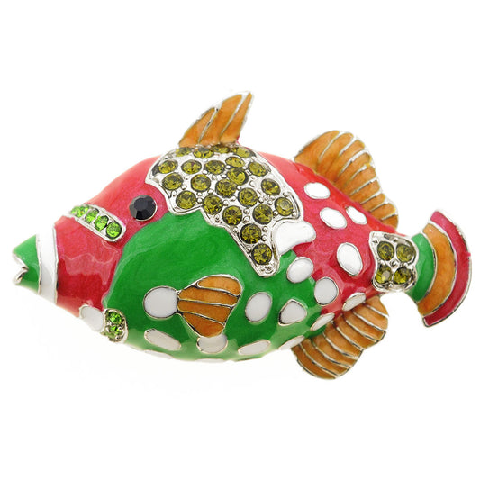 Crystal Red Green Enamel Fish Pin Brooch