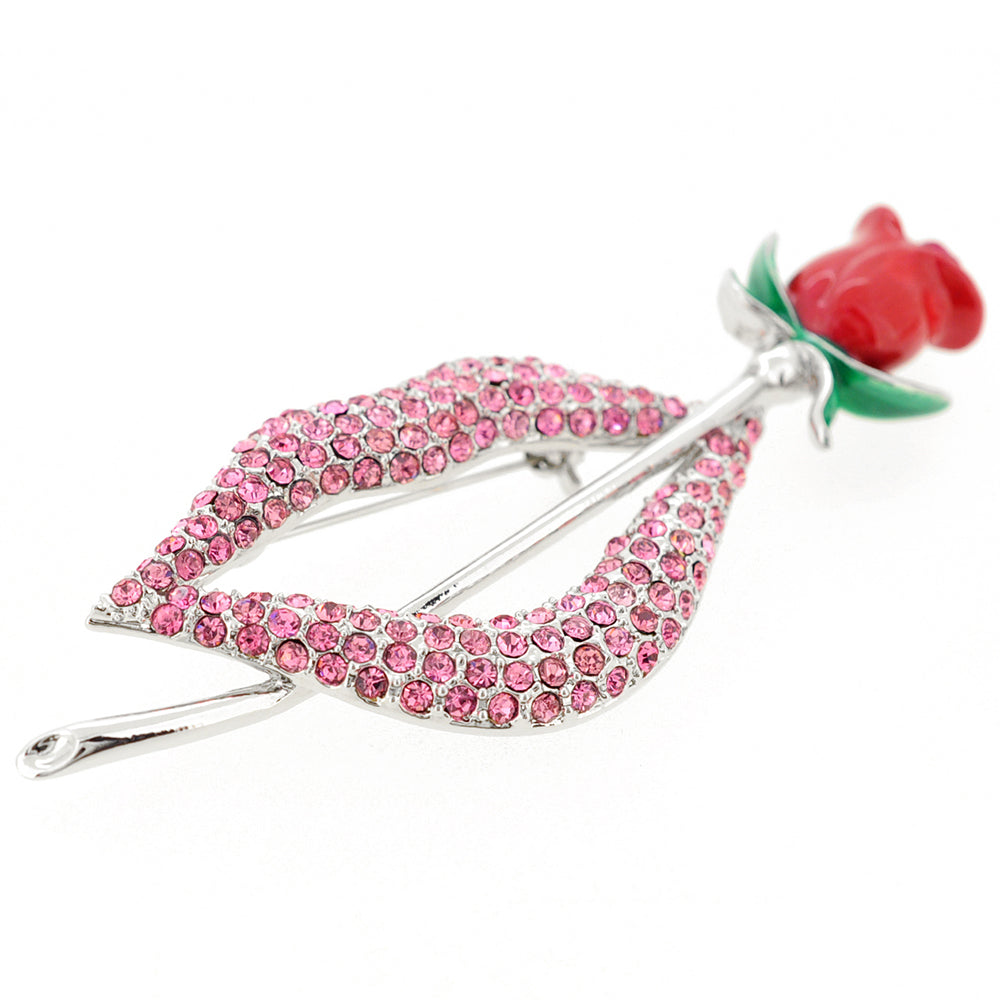 Pink Lip With Red Rose Crystal Pin Brooch