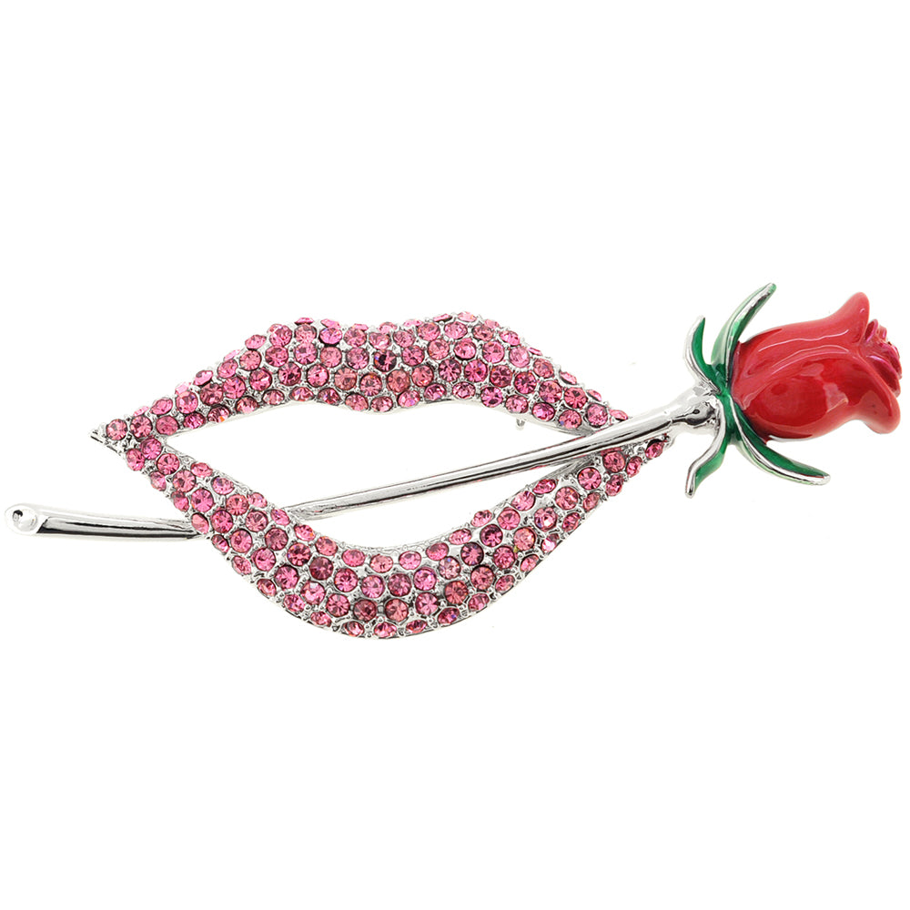 Pink Lip With Red Rose Crystal Pin Brooch
