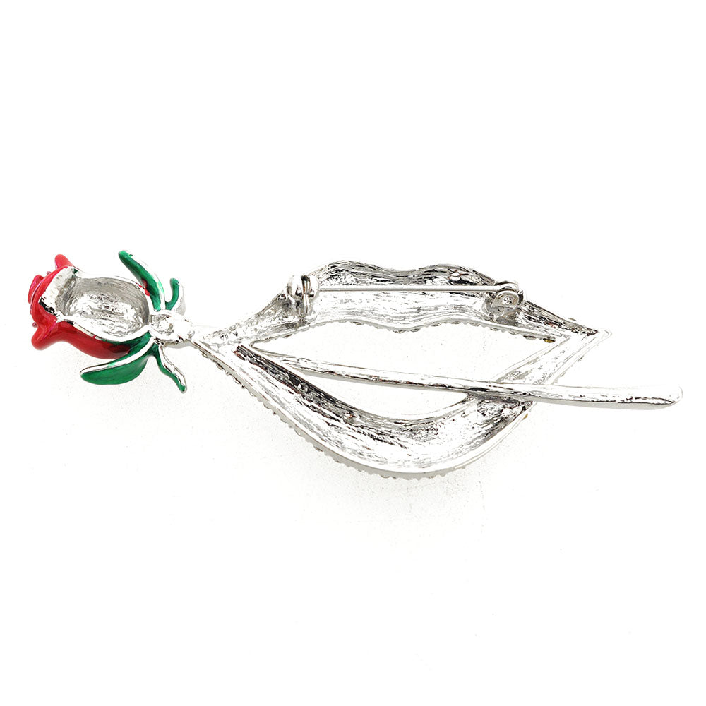Crystal Lip With Red Rose Flower Pin Brooch