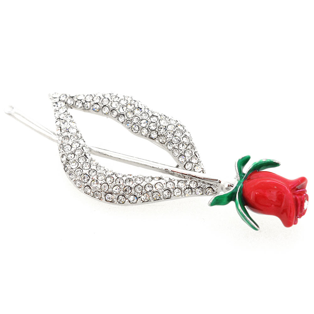 Crystal Lip With Red Rose Flower Pin Brooch