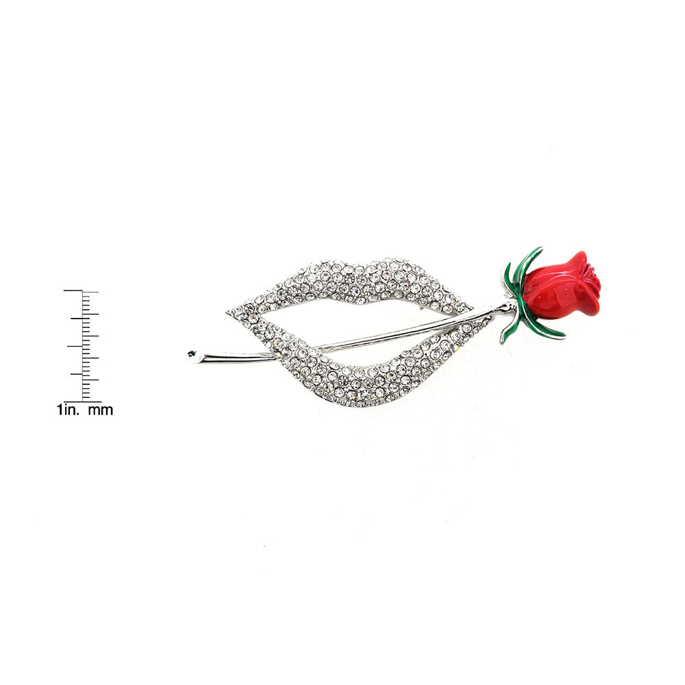 Crystal Lip With Red Rose Flower Pin Brooch